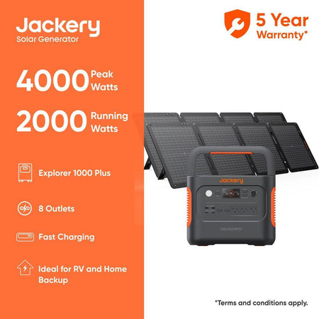 2000W Output/4000W Peak Solar Generator 1000 plus Expandable Push Button Start Battery Lifepo4 W/Two 100W Solar Panels