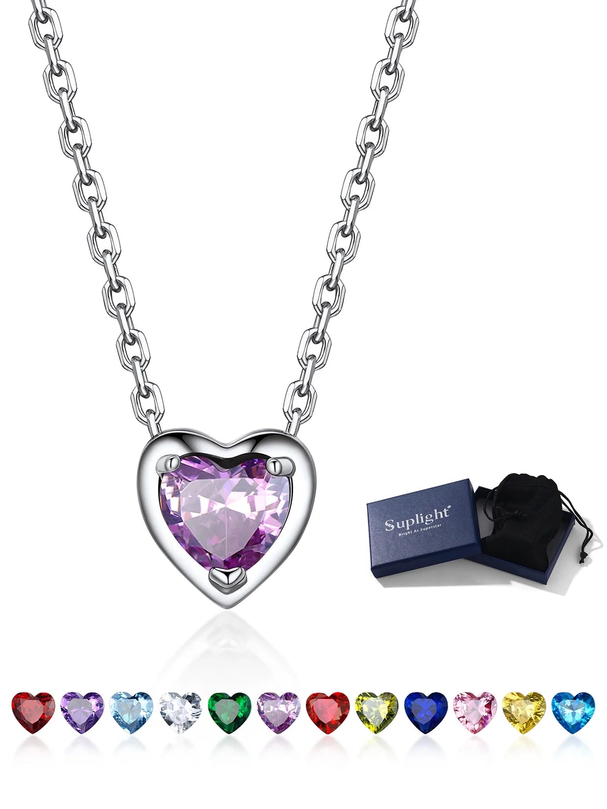 Silver Necklace 925 Sterling Silver Birthstone Love Heart Necklace Mother'S Day Gift